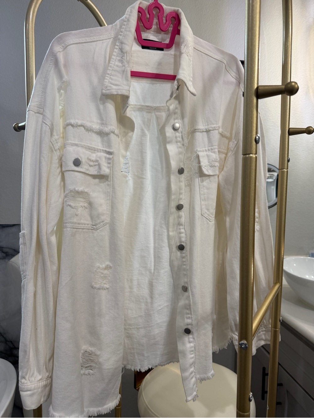 Vici White Distressed Button-Front Jean Jacket